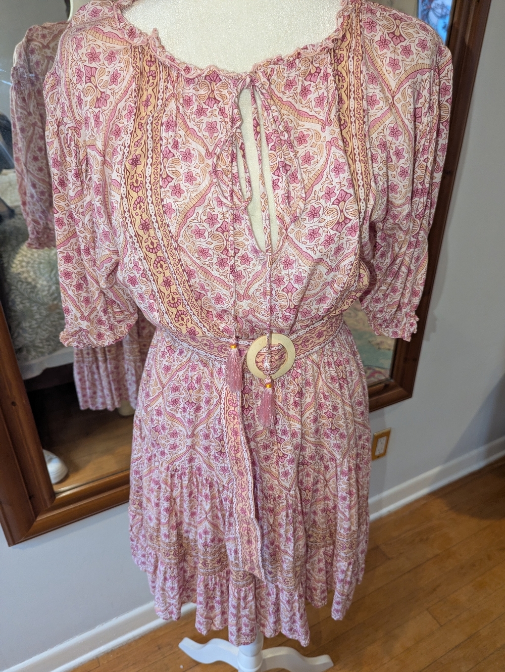 BEACHGOLD Rose-Pink Paisley Tiered Midi Dress with Tassel Belt